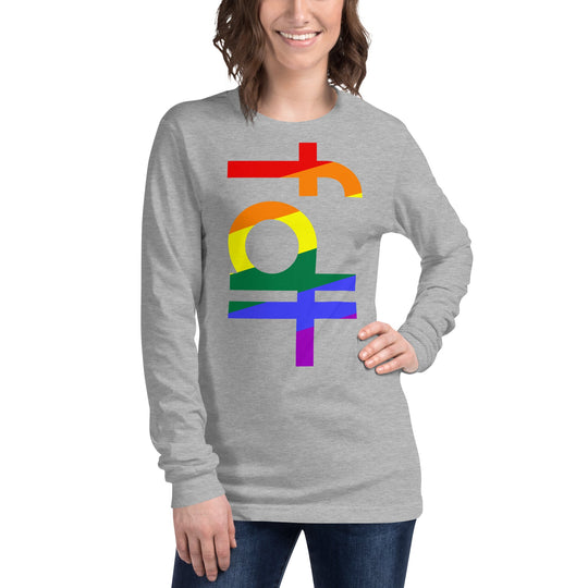 Unisex long sleeve tee with "fdt" design in pride colors.