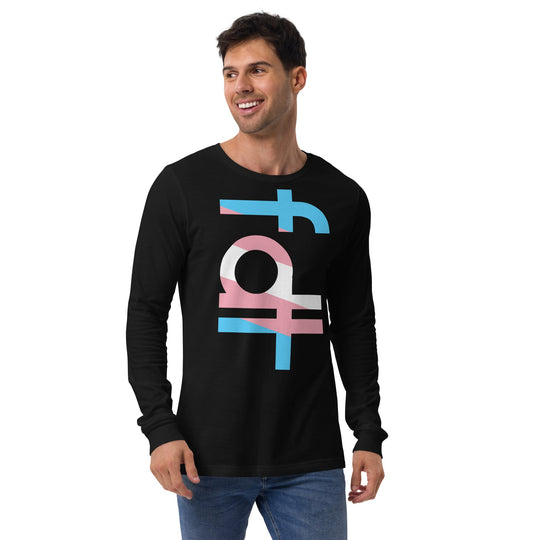 Unisex long sleeve tee with trans flag colors design.