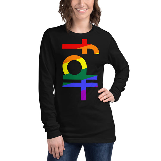 Unisex long sleeve tee in black featuring the "fdt" design in pride colors.