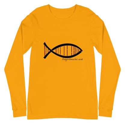 Science DNA Fish Unisex Long Sleeve Tee with creative DNA fish symbol design on yellow fabric.