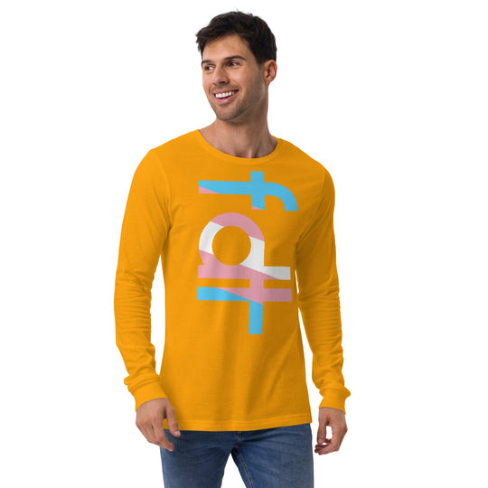 Unisex long sleeve tee featuring trans flag colors design on front.