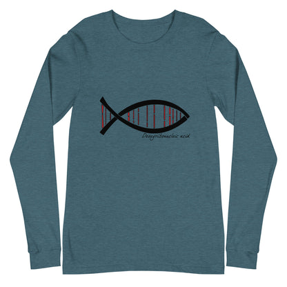 Science DNA Fish Unisex Long Sleeve Tee with DNA fish design on blue fabric.