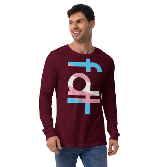 Unisex long sleeve tee with trans flag colors graphic design.