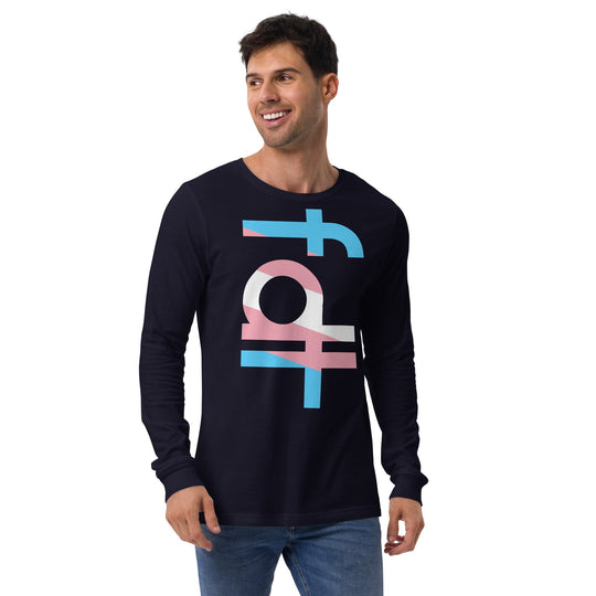 Unisex long sleeve tee with text in trans flag colors, casual fit, and crew neck.