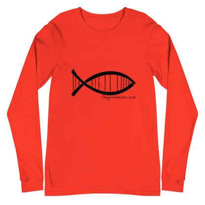 Science DNA Fish Unisex Long Sleeve Tee in red with DNA-inspired fish design.