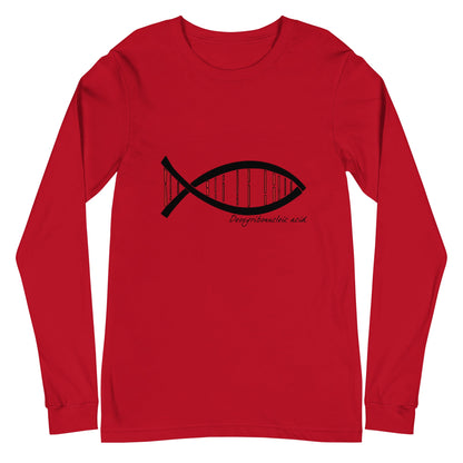 Red long sleeve tee featuring a DNA-themed fish design, representing the "Science DNA Fish Unisex Long Sleeve Tee."