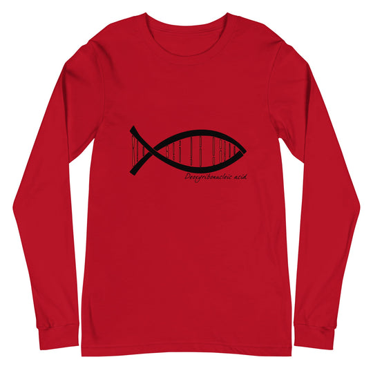 Red long sleeve tee featuring a DNA-themed fish design, representing the "Science DNA Fish Unisex Long Sleeve Tee."
