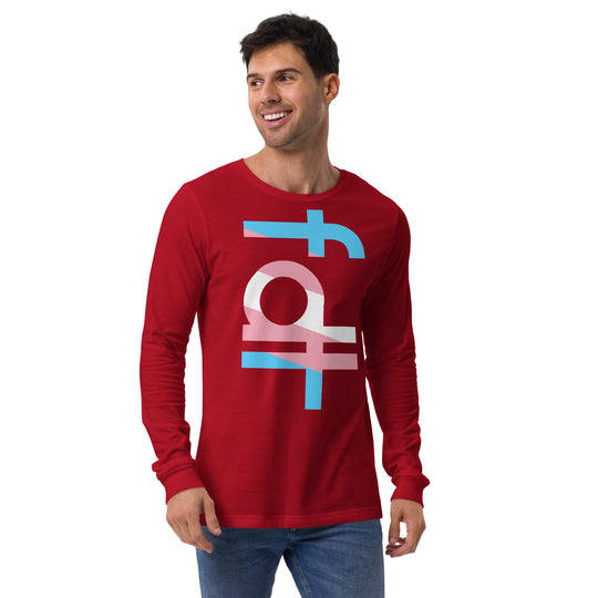 Unisex long sleeve tee with "fdt" design in trans flag colors, casual style.