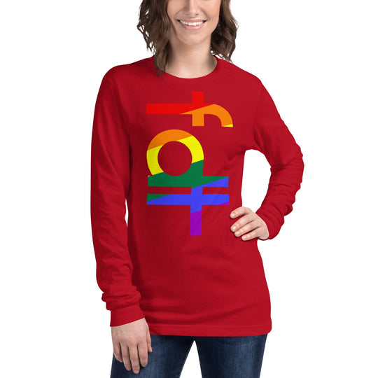 Unisex long sleeve tee in pride colors with "fdt" design on red fabric.