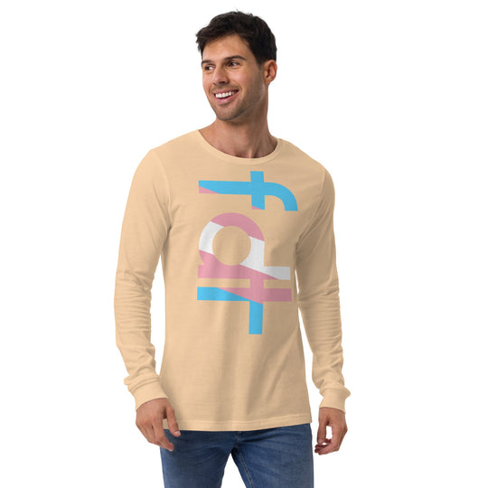 Unisex long sleeve tee with trans flag colors design, featuring "fdt" text on a beige background.