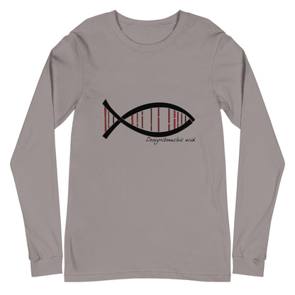 Science DNA Fish Unisex Long Sleeve Tee with creative DNA fish design on gray fabric.