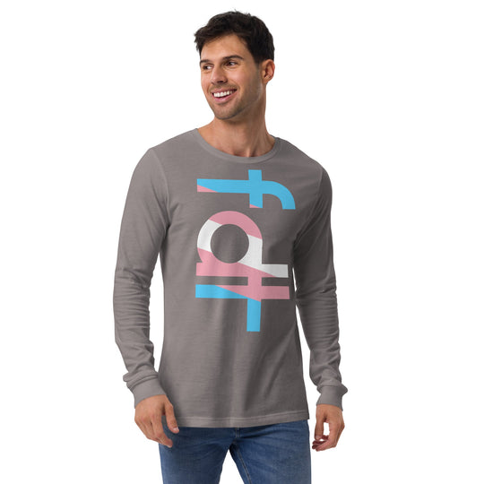 Unisex long sleeve tee with 'fdt' in trans flag colors, worn casually for a relaxed look.