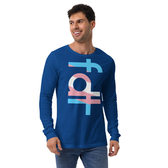 Unisex long sleeve tee in trans flag colors with bold graphic design.