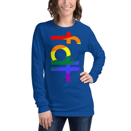 Unisex long sleeve tee in pride colors with "fdt" design, crew neck.