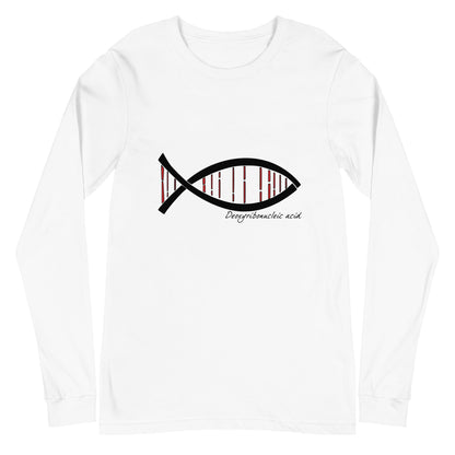 Unisex long sleeve tee with DNA fish design, symbolizing science and creativity.