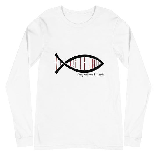Unisex long sleeve tee with DNA fish design, symbolizing science and creativity.