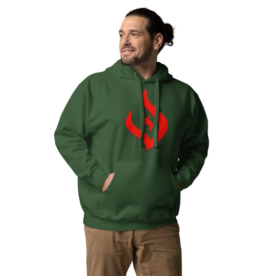 Unisex hoodie featuring red flame logo with black shadow on green fabric, symbolizing deism and rational spirituality.