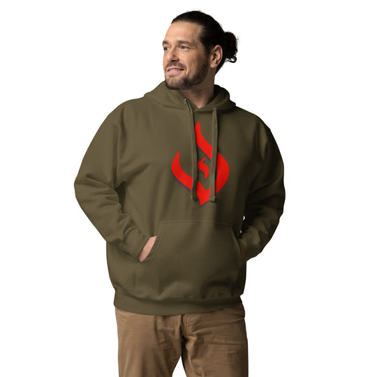 Unisex hoodie with red flame logo and black shadow, representing deist philosophy; perfect for comfort and style.