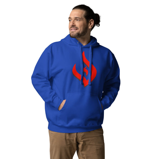 Deist Flame Unisex Hoodie with red flame logo on blue fabric.