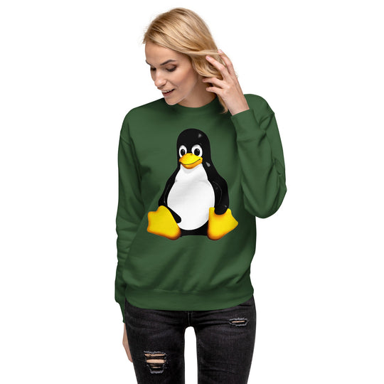 Linux Mascot Unisex Premium Sweatshirt featuring Tux graphic on green fabric, worn by model.