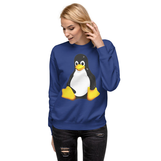Linux Mascot Unisex Premium Sweatshirt featuring Tux graphic on a comfortable blue fabric.