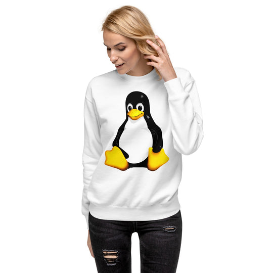 Unisex premium sweatshirt featuring Tux, the Linux mascot, on a comfortable white fabric.