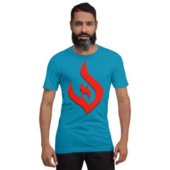 Unisex t-shirt with red flame logo symbolizing deism, intellectual pursuit, and natural theology.