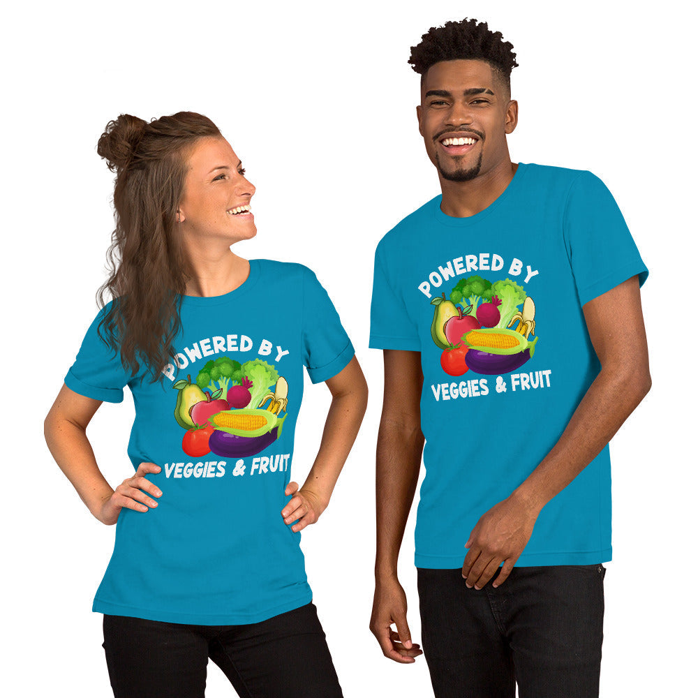 Unisex t-shirt with "Powered by Veggies & Fruit" design, blue, comfortable cotton material.