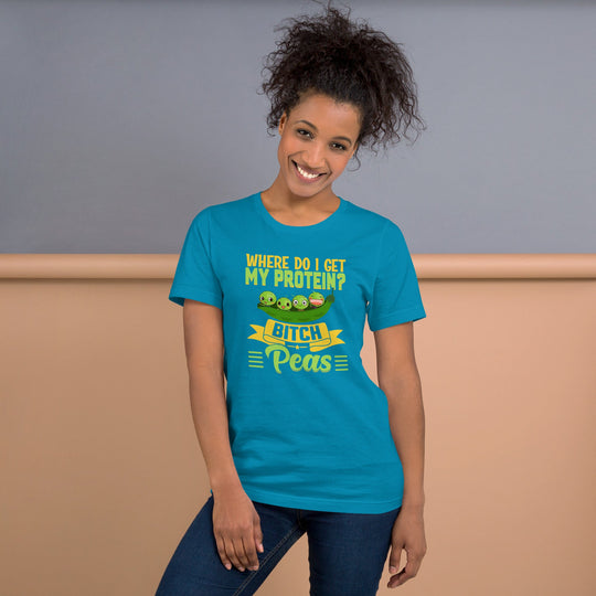 Bitch, Peas Unisex t-shirt with humorous protein message, soft and lightweight.