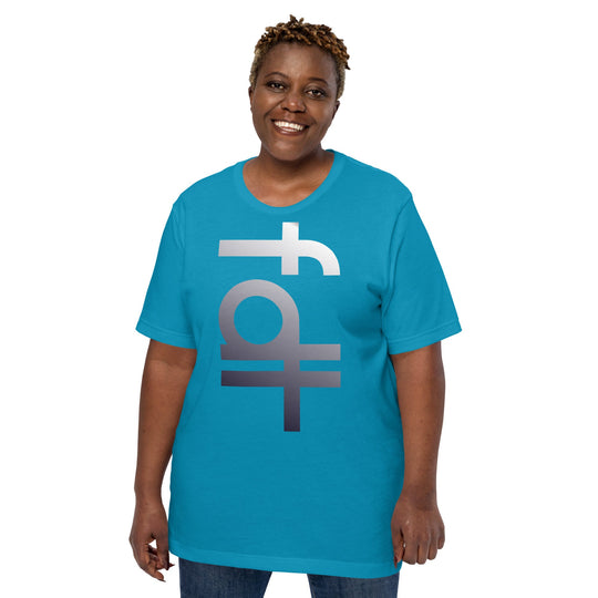 Unisex t-shirt with bold FDT portrait design, showcasing soft, lightweight fabric in vibrant blue.
