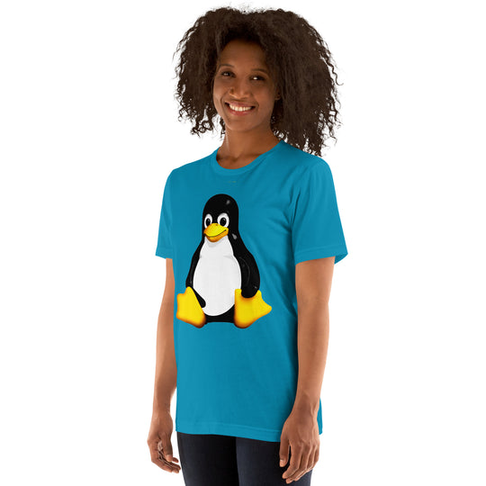 A 3/4 view of a young lady wearing an aqua T-shirt with the image of Tux, the Linux penguin mascot