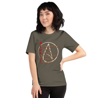 Unisex t-shirt with atheist spelled out symbol and values like thoughtful, honest, ethical, perfect for freethinkers.