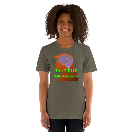 Unisex t-shirt with "The TRUE Gulf of America" print featuring brain and heart graphic.