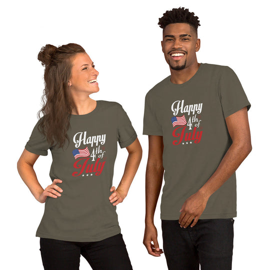 Unisex t-shirt with "Happy 4th of July" design, perfect for Independence Day celebrations.