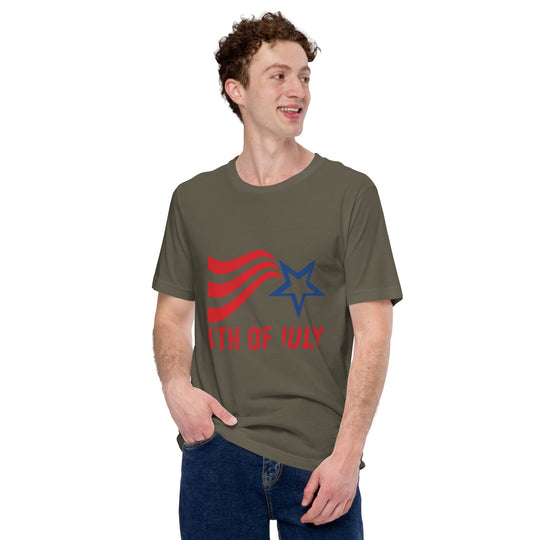 Unisex t-shirt with Fourth of July stripes and star design, celebrating Independence Day.