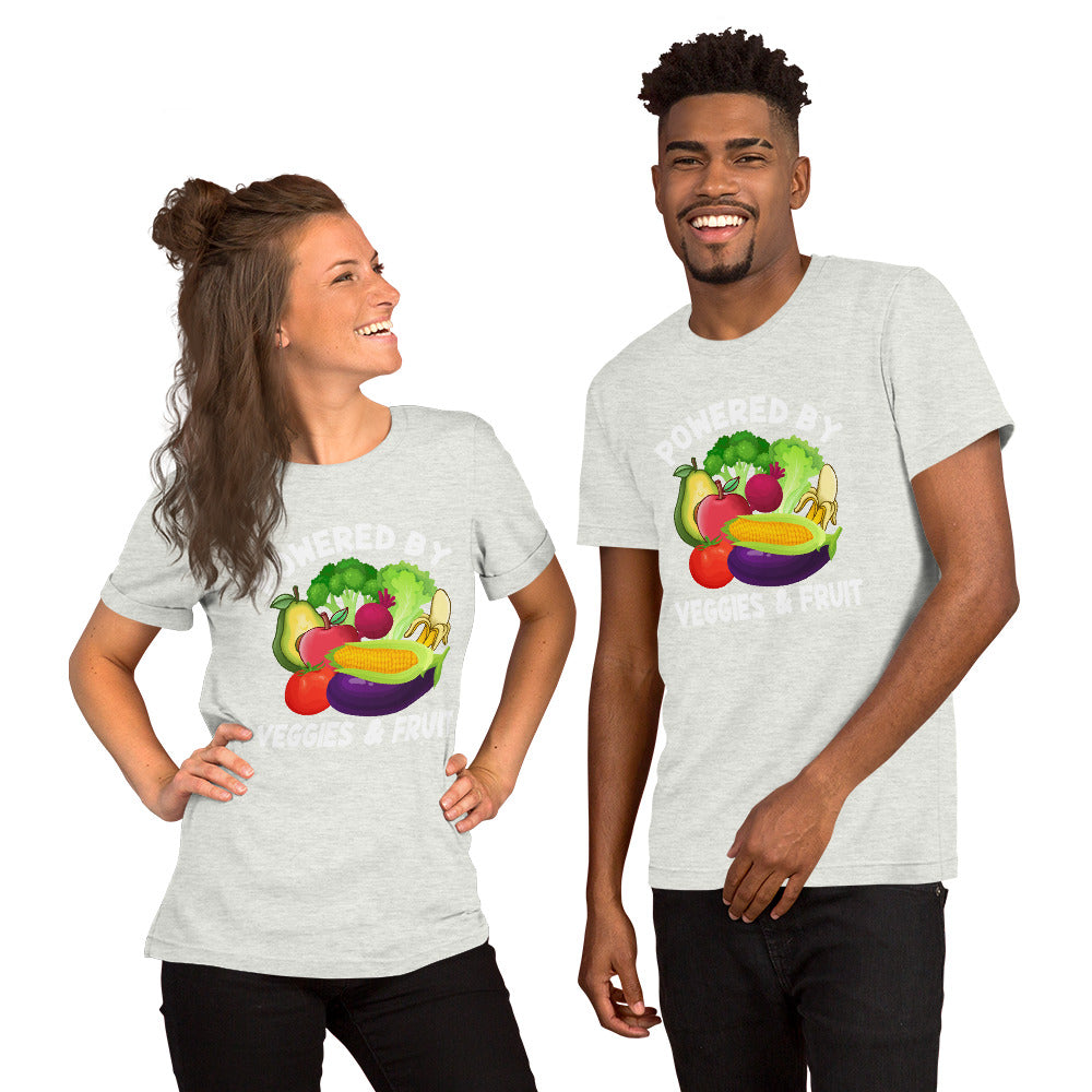 Unisex t-shirt with veggie and fruit design, soft and lightweight, made of 100% cotton.