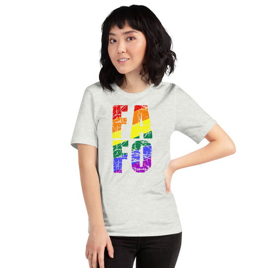 Unisex t-shirt with Rainbow FAFO design, soft and lightweight, perfect for all genders.