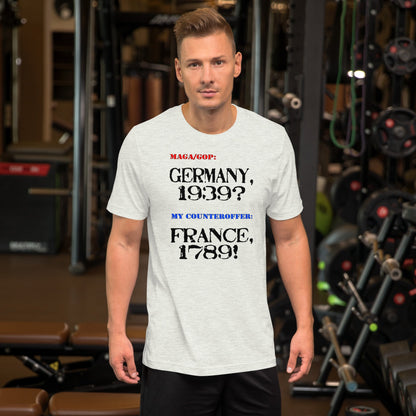 Unisex t-shirt with Germany and France text design, soft and lightweight, adult sizes available.