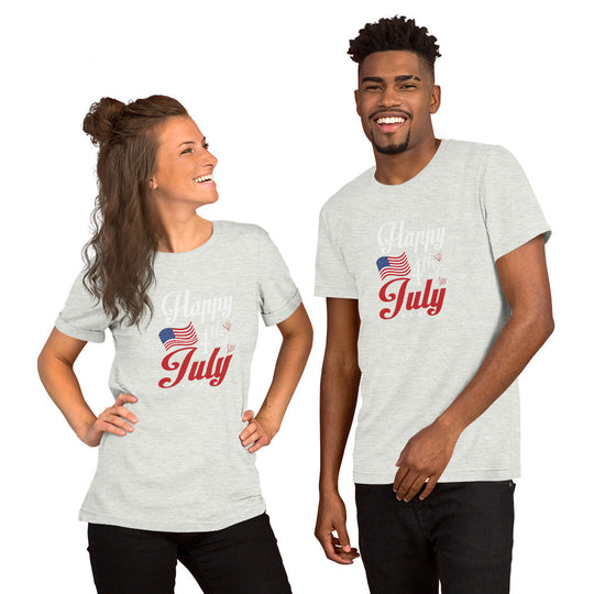Unisex t-shirt with "Happy Fourth of July" design featuring American flag, perfect for Independence Day.