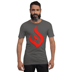 Unisex t-shirt with red flame logo representing deism and intellectual pursuit.