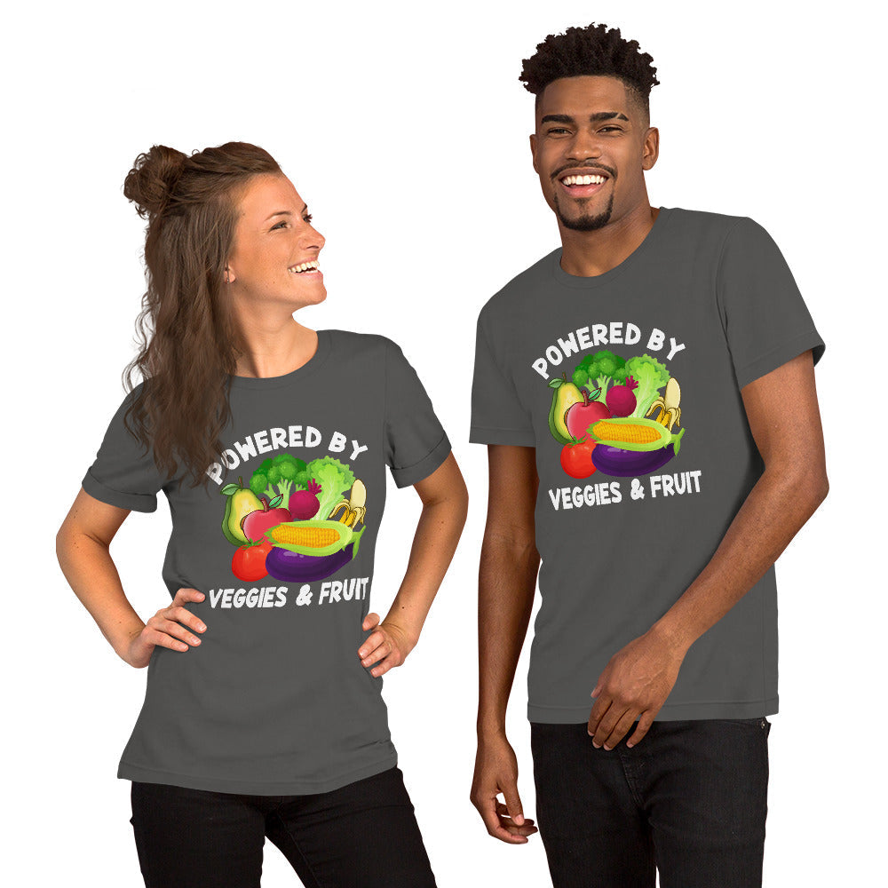 Unisex t-shirt featuring "Powered by Veggies & Fruit" design; comfortable, soft, and lightweight.