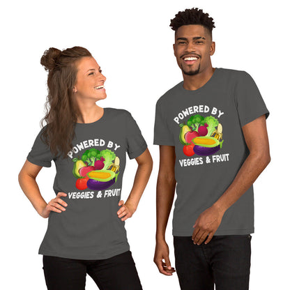 Unisex t-shirt featuring "Powered by Veggies & Fruit" design; comfortable, soft, and lightweight.