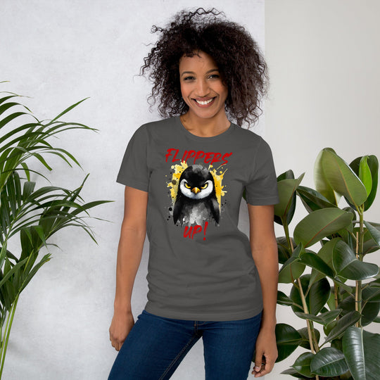 Flippers Up Unisex T-shirt with penguin design, soft and lightweight fabric.