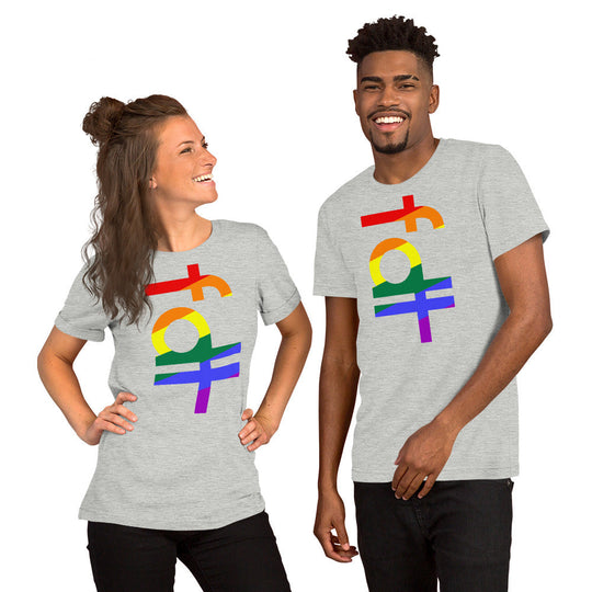 Unisex t-shirt in pride colors featuring fdt design, worn by two models smiling.