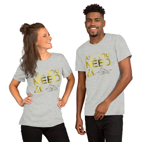 Unisex t-shirt with "All you need is cats" design, worn by two models, soft and lightweight fabric.