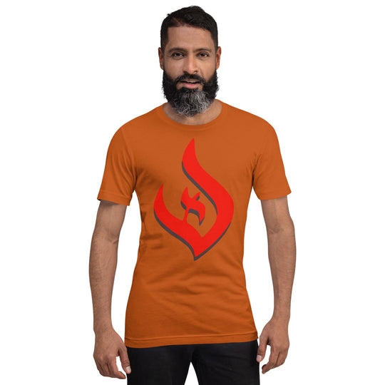 Deism Flame Unisex t-shirt with red flame logo on orange background.