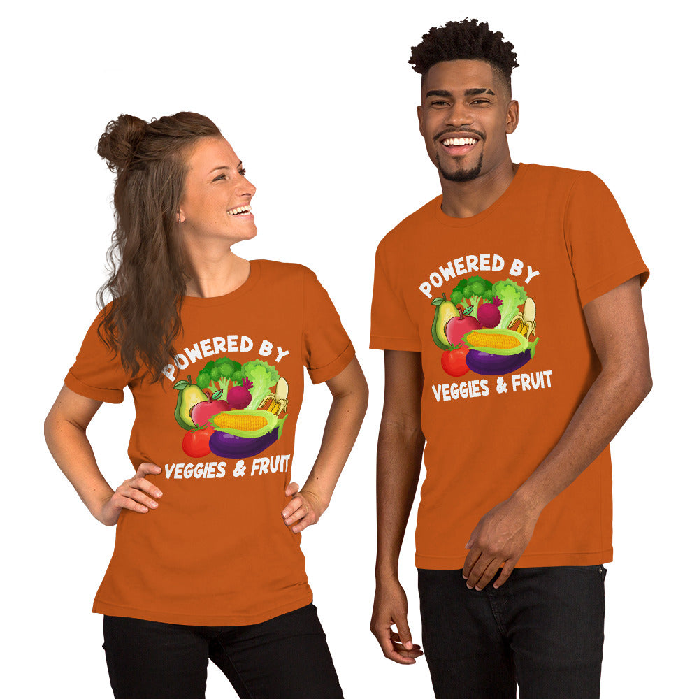 Unisex t-shirt featuring "Powered by Veggies & Fruit" design, soft and lightweight.