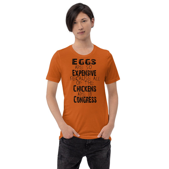 Black unisex t-shirt with humorous Congress chicken message.