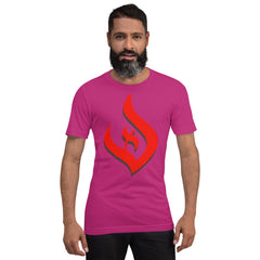 Unisex t-shirt with red flame logo, Deism theme, worn by model.