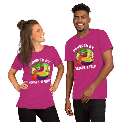 Unisex t-shirt featuring "Powered by Veggies & Fruit" design, soft and lightweight.